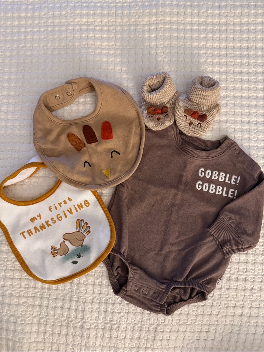 Infant Thanksgiving Romper, Booties and Bibs